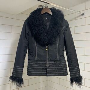 Women’s Black Moto Jacket Real Fur Trim